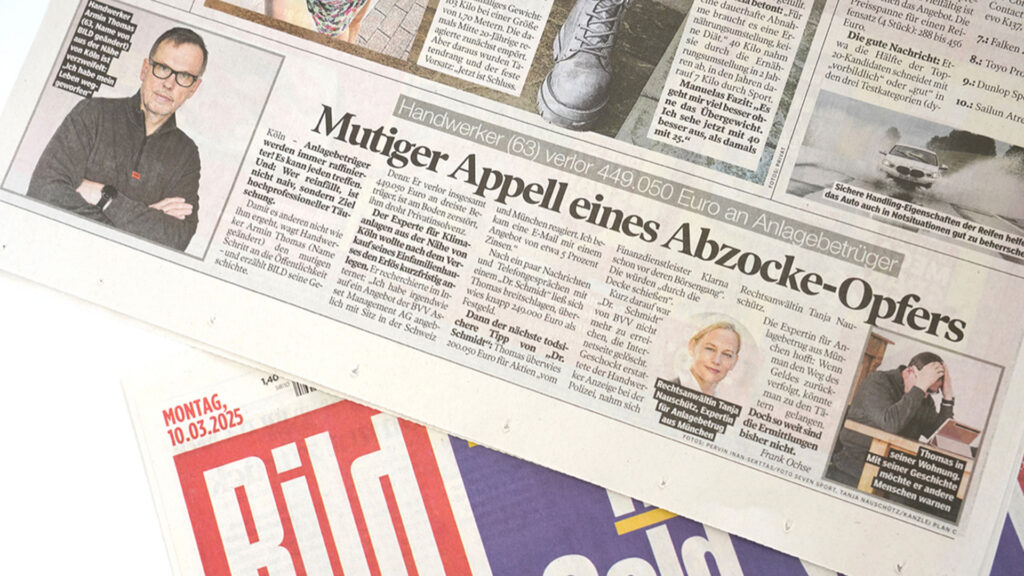 BILD vom 10.03.2025: Mutiger Appell eines Abzocke-Opfers!&nbsp;<span>Rechtsanwältin Tanja Nauschütz als Expertin für Anlagebetrug in BILD&nbsp;</span>